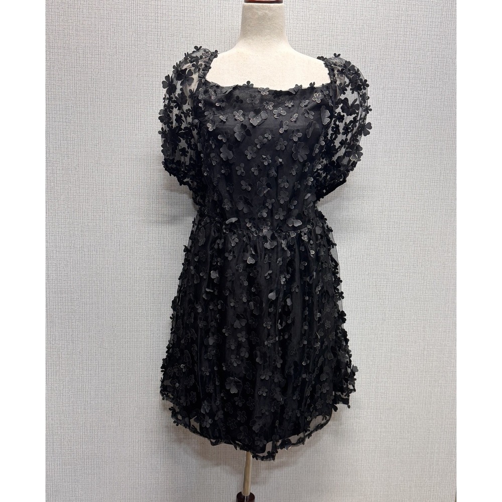Forever21+ 3D Floral Mesh Mini Dress Wmn 3X Black Puff Sleeve Fairycore Coquette